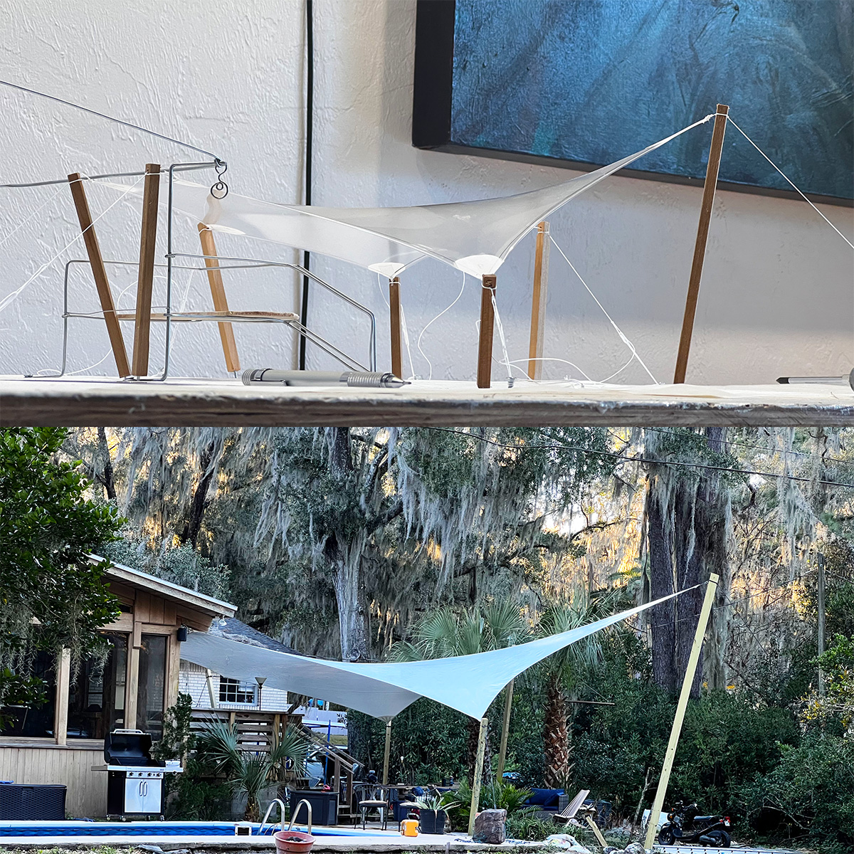 shade structure model on top, real thing on bottom comparison