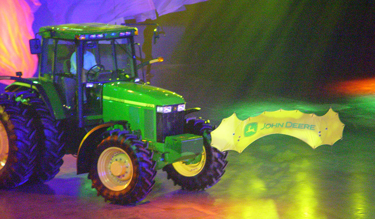 John Deere indoor kite for trade show event display performance - flame quadline kite by WindFire Designs
