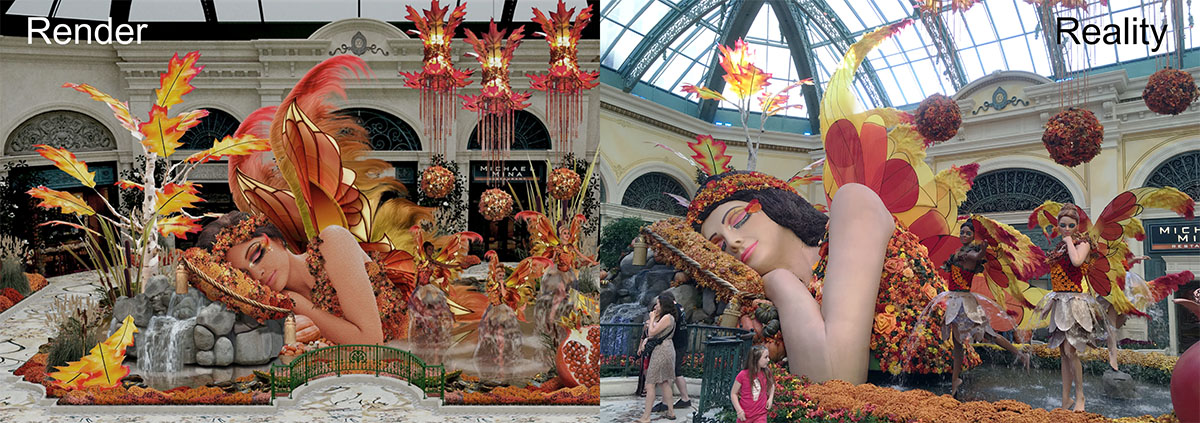 Fairy fountain - fabricated fairy wings in the atrium at the Bellagio Hotel in Las Vegas - render and reality