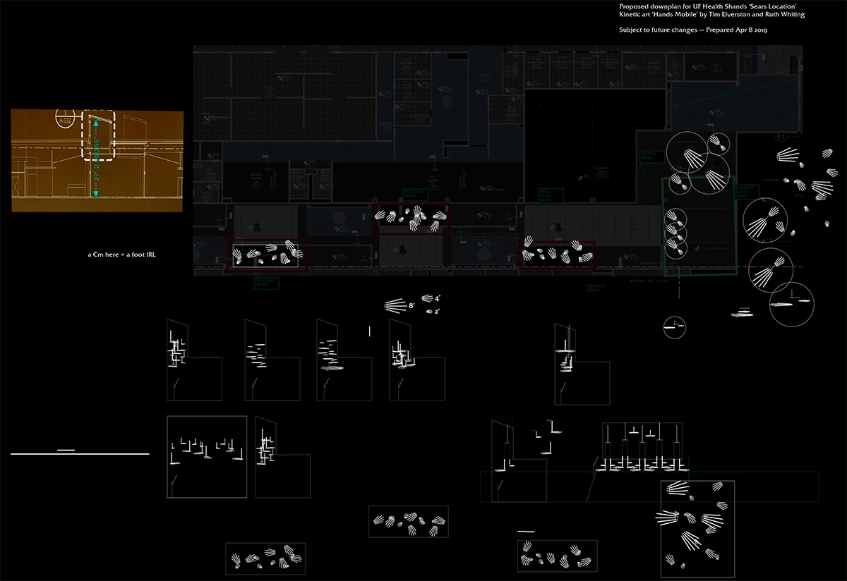 HandFlow kinetic art installation overview — down-plan drawing at scale, WindFire Designs