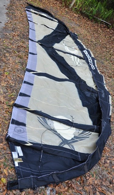 2009 Cabrinha Crossbow kite laid out before leading edge repair