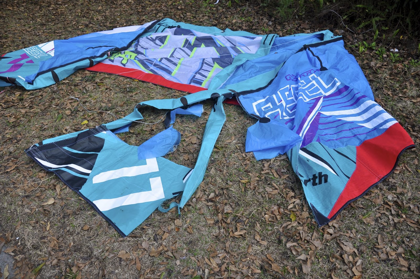 Rebuilt North Rebel kite with previously destroyed wing tip and strut